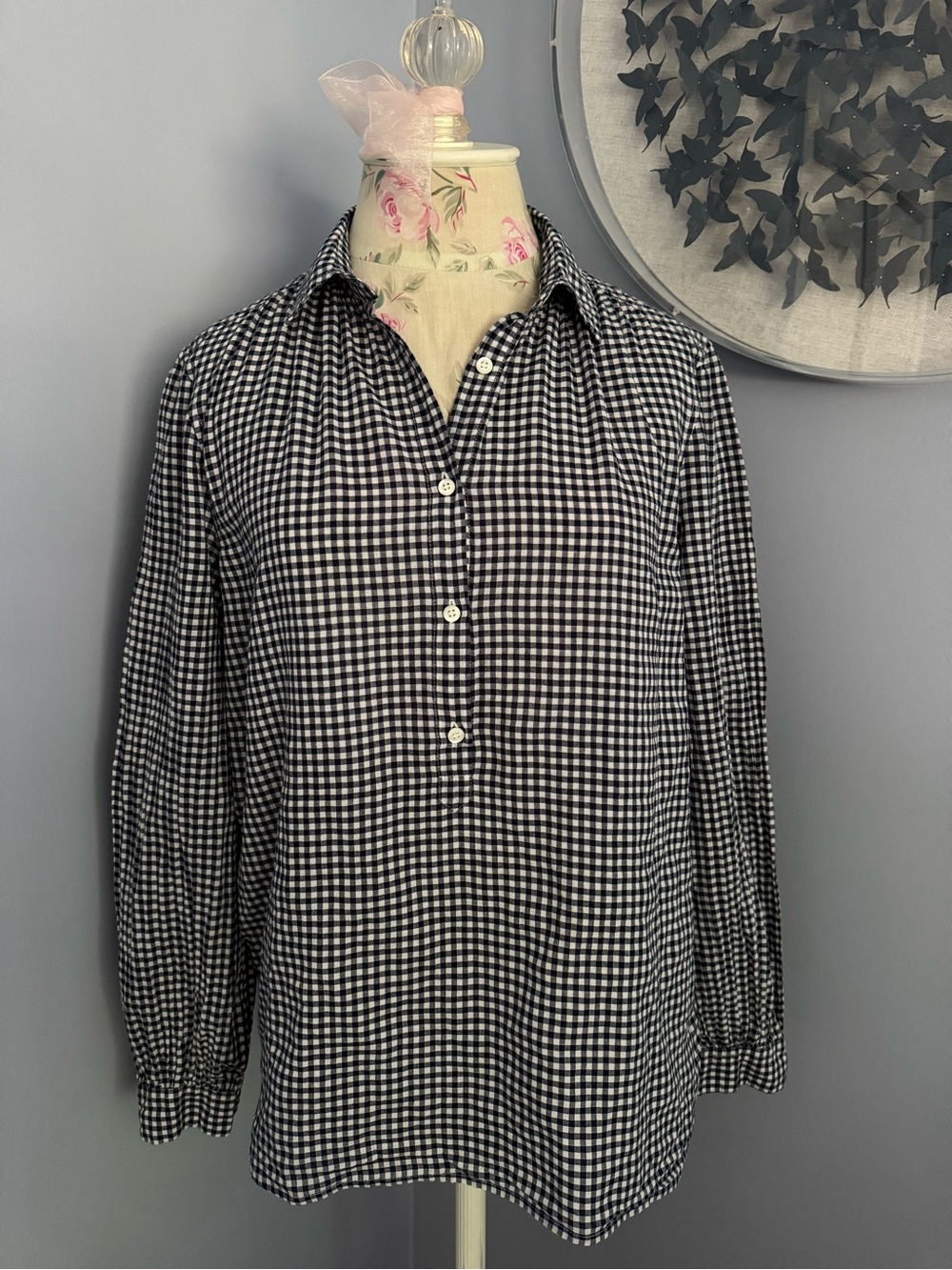 J. Crew Black Label Navy and White Gingham Tunic Shirt